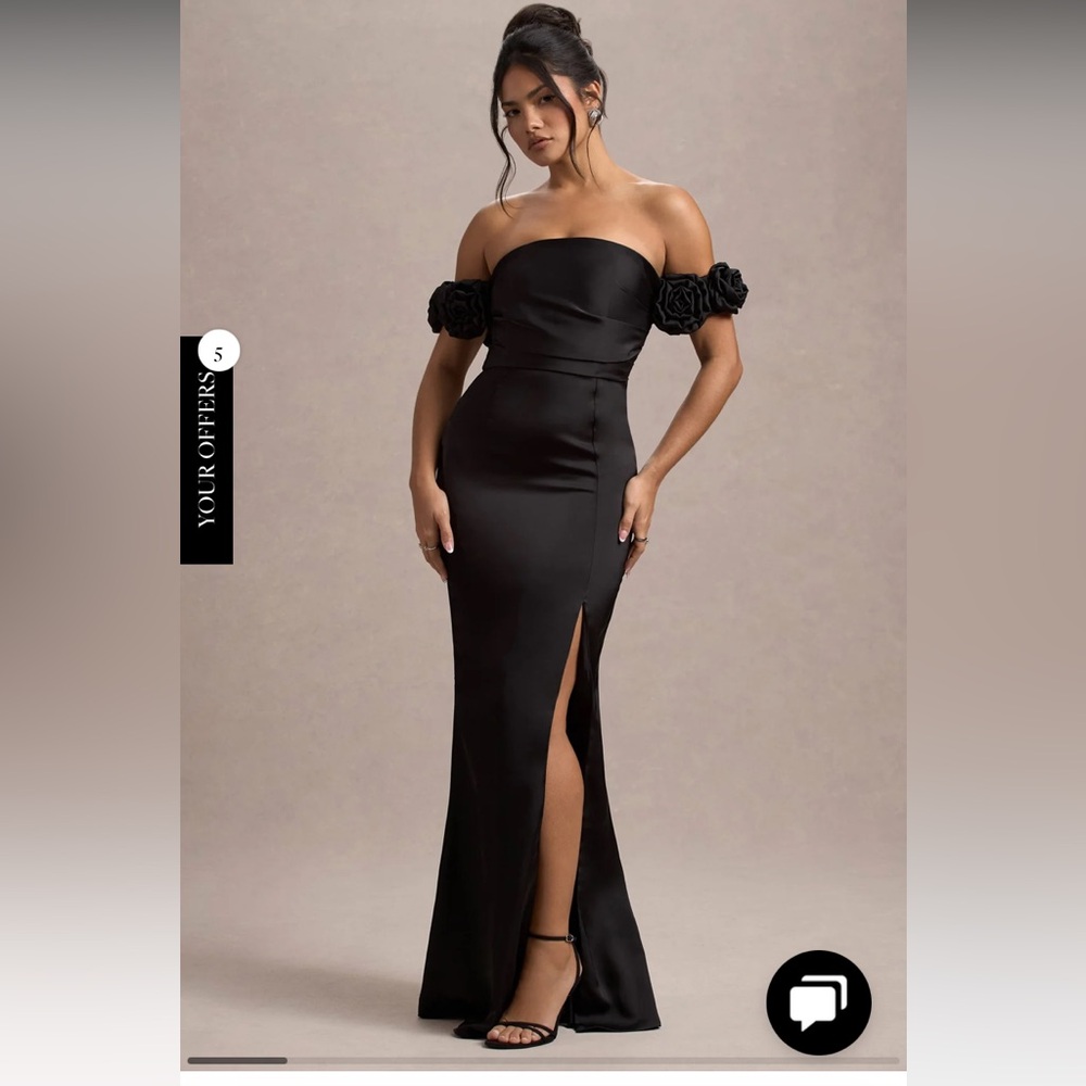 Black Satin Floral Bardot Maxi Dress